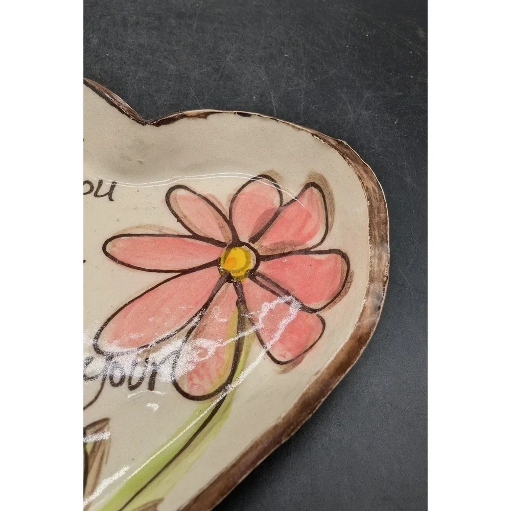 Handmade Ceramic Heart Trinket Dish Pink Daisy Inspirational Quote Signed 5